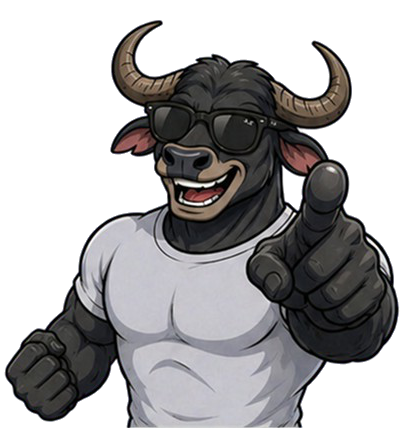 Kabi's bull mascot pointing forward